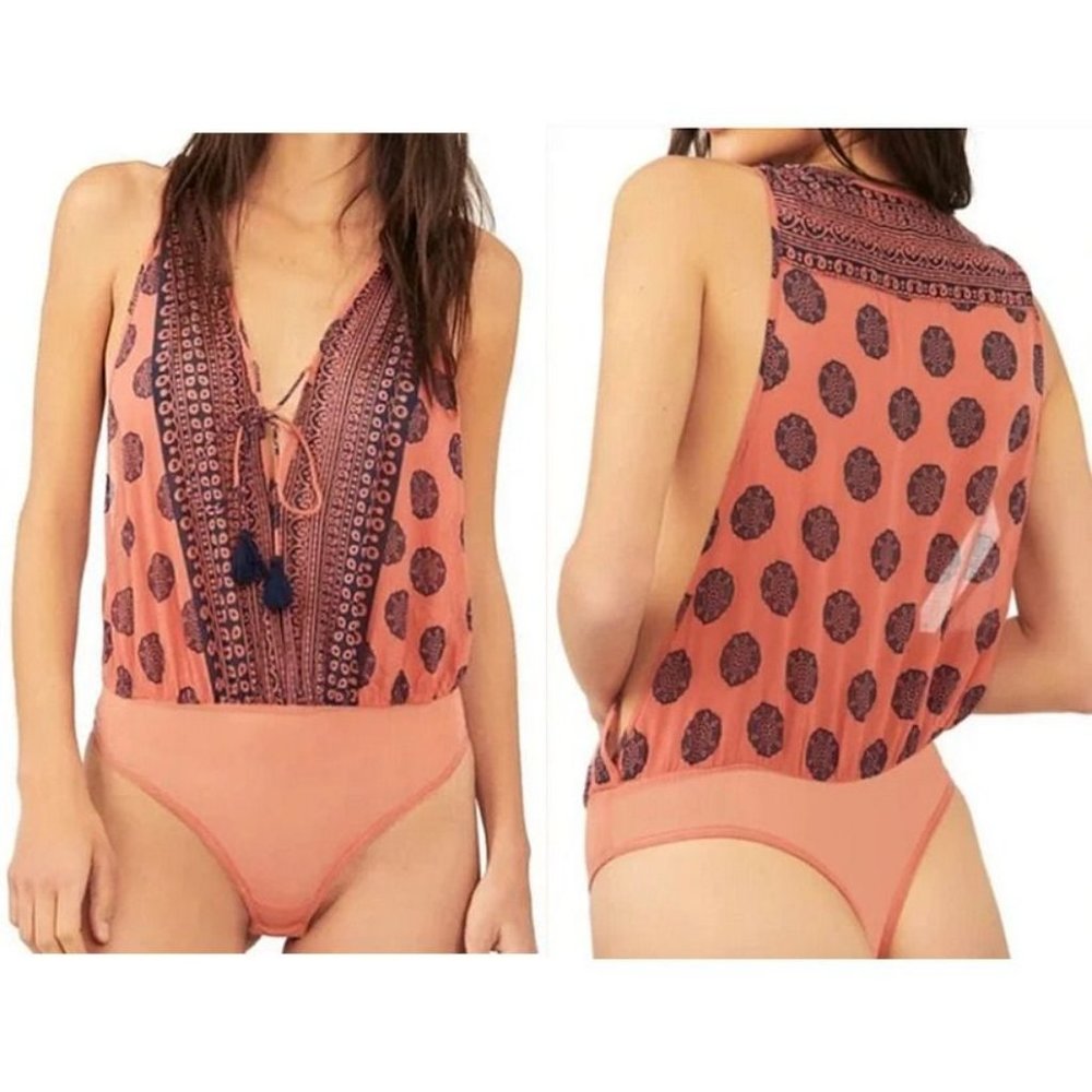 NWT Free People Size M Soul of the Sun Sleeveless Bodysuit Brick Combo Boho